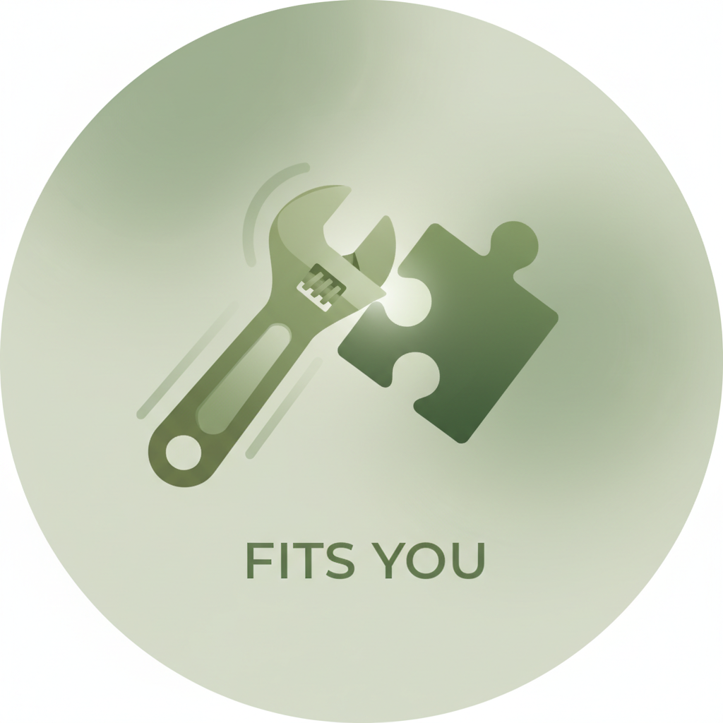 Icon: Adjustable wrench / puzzle piece fitting smoothly
(represents “fits you”)

Theme: sage green
Image style: animated